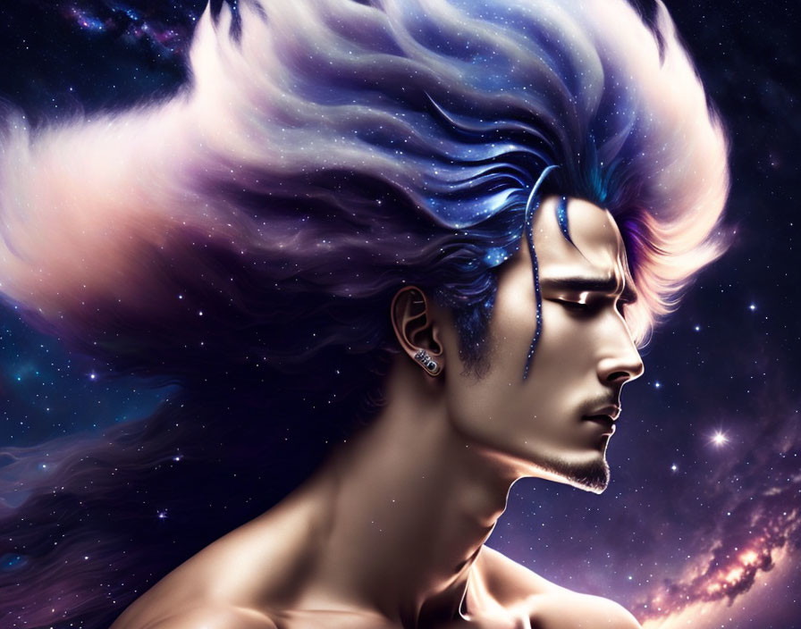 Male figure with cosmic hair in starry night sky portrait