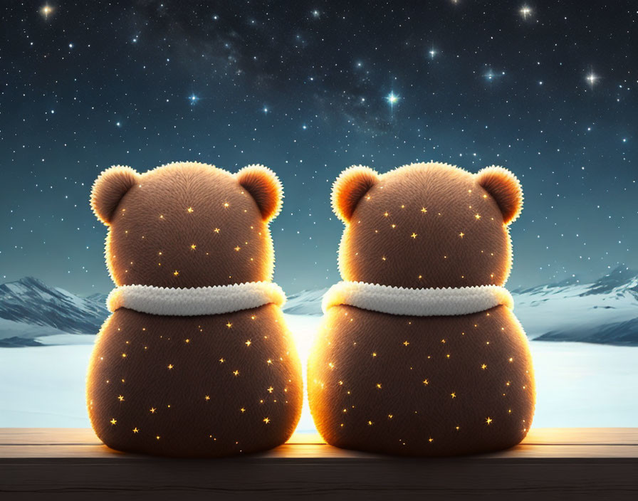 Starry textured teddy bears gazing at night sky and mountains