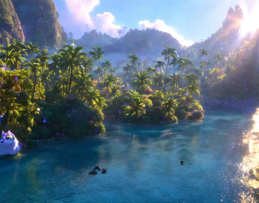 Serene Tropical Cove with Palm Trees, Blue Waters & Birds at Sunrise or Sunset