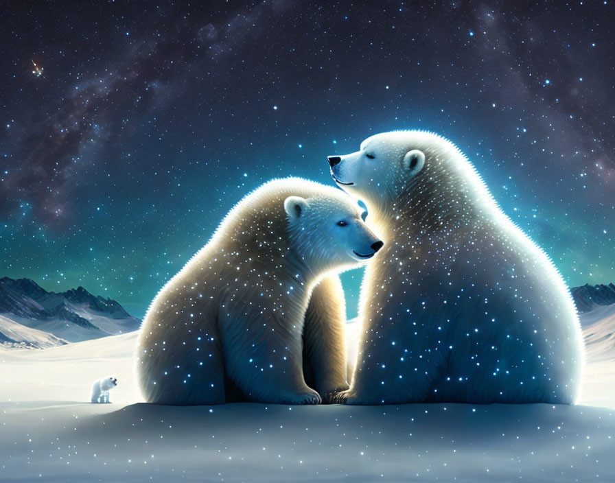 Ethereal polar bears under night sky with snowy mountains