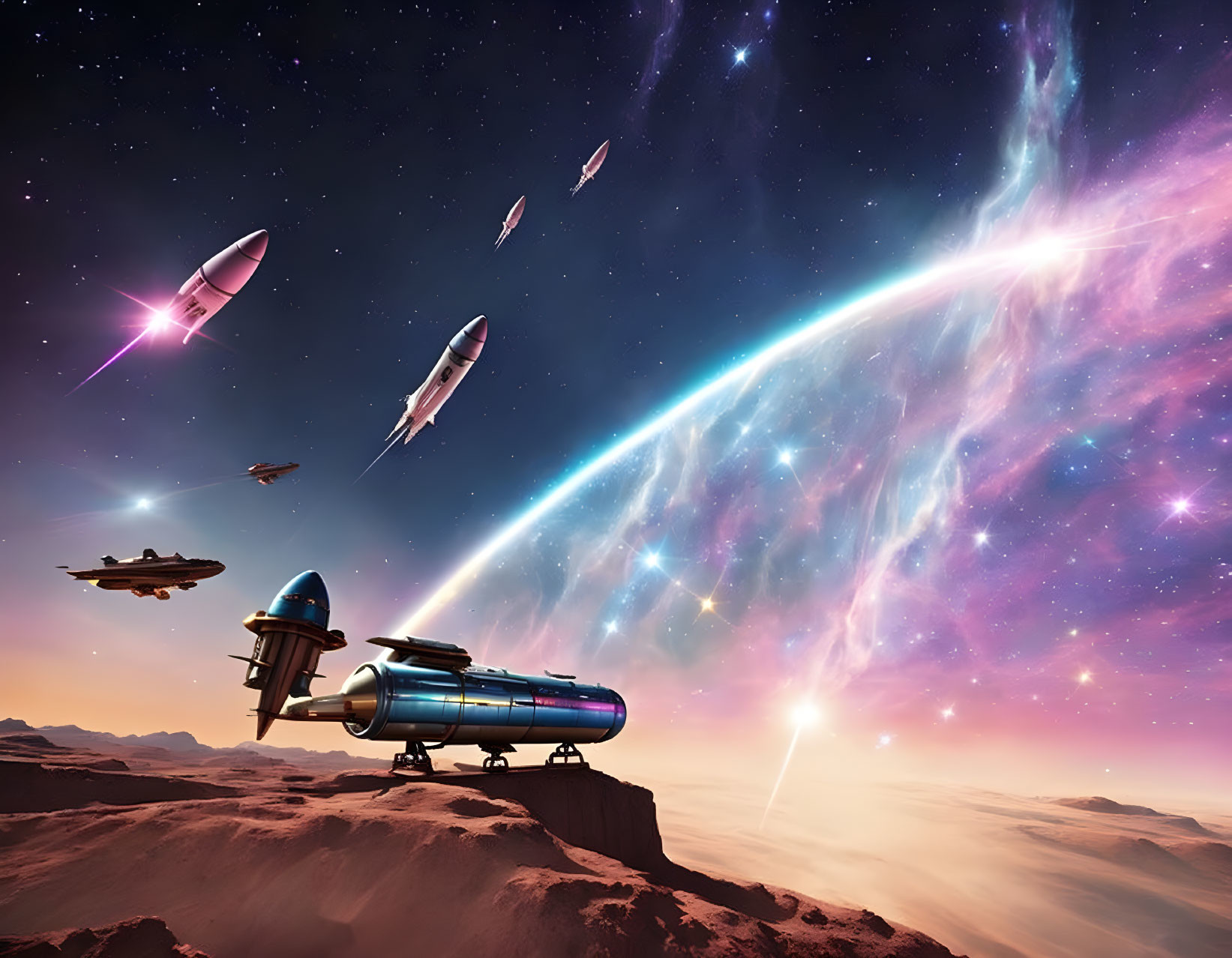 Colorful Sci-Fi Scene: Spaceships over Desert Landscape & Cosmic Sky