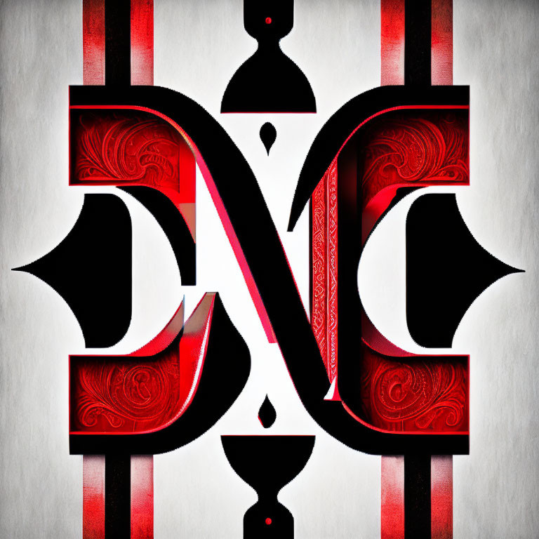 Symmetrical ornate letter 'N' in black, red, and silver on textured white background