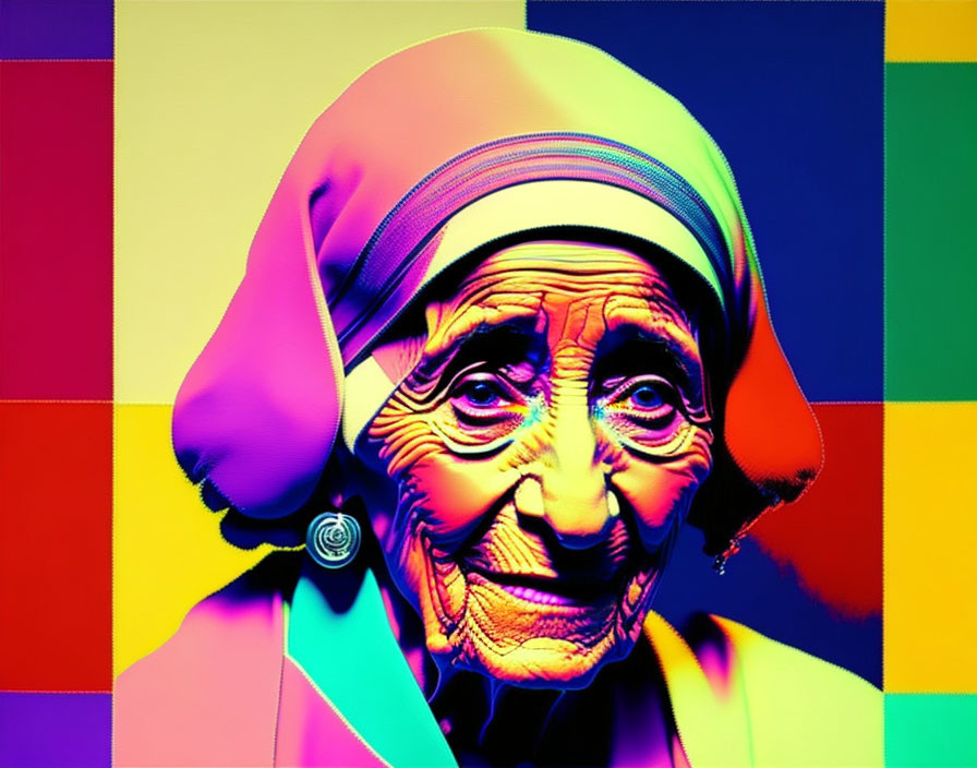 Elderly woman in headscarf against colorful, psychedelic background
