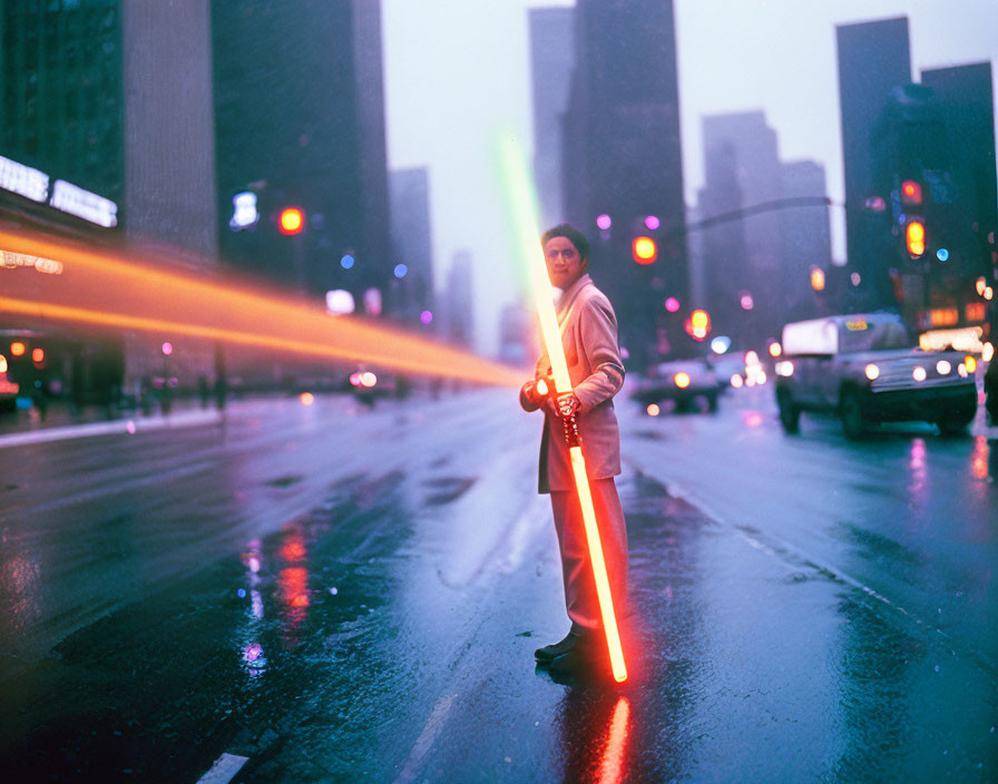 Person holding glowing red lightsaber in city street at dusk with blurred vehicle lights.