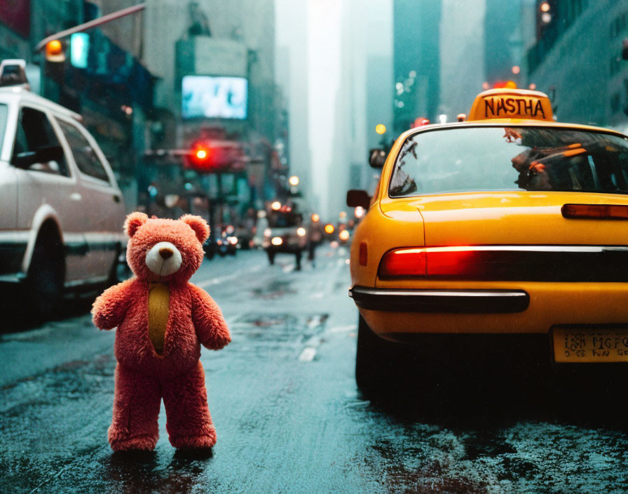 Plush teddy bear in city street with yellow taxi cab