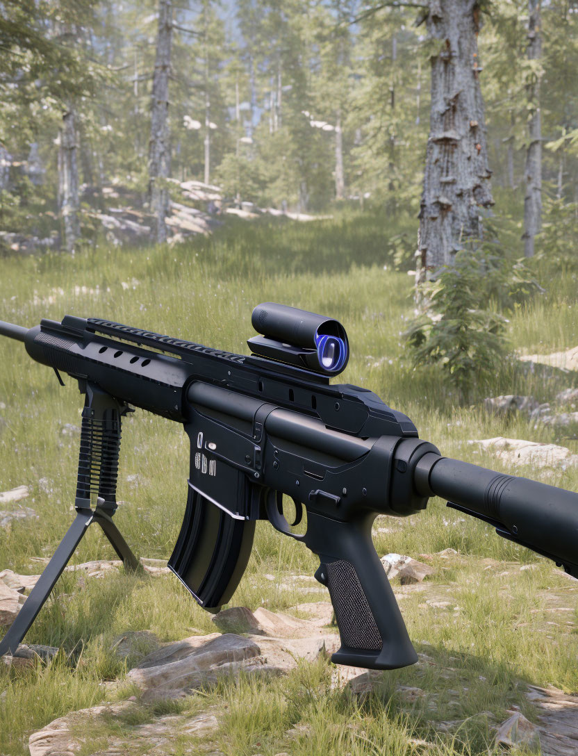 Black Assault Rifle with Scope, Extended Magazine, and Foregrip in Forest Setting