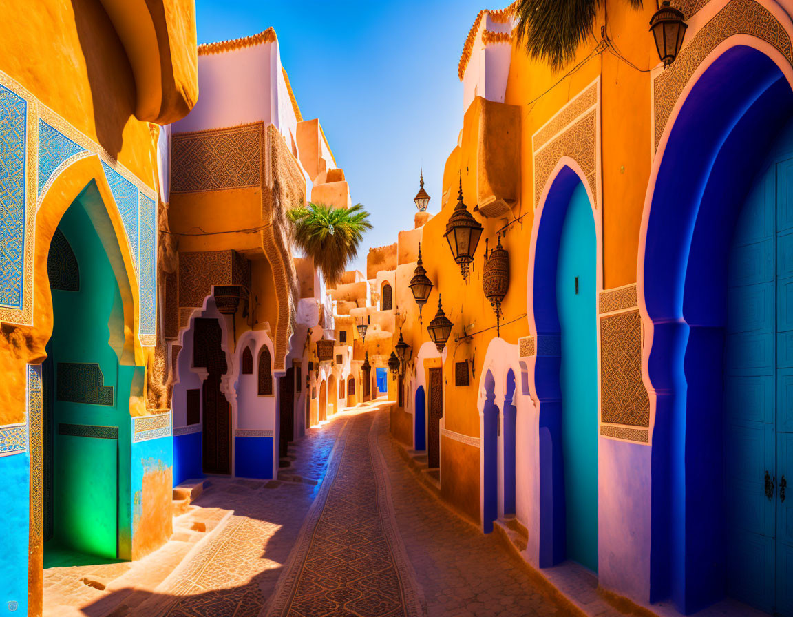 Colorful Moroccan street with ornate doors and traditional architecture in sunlight