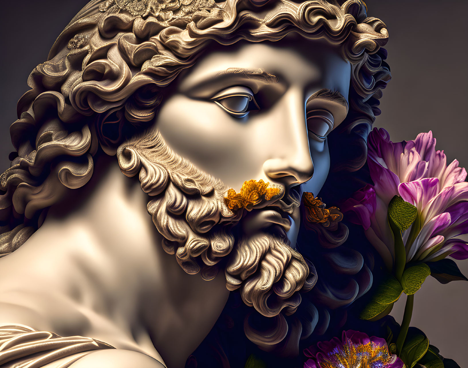 Classical sculpture of man with curly hair and beard, flowers covering mouth on grey background