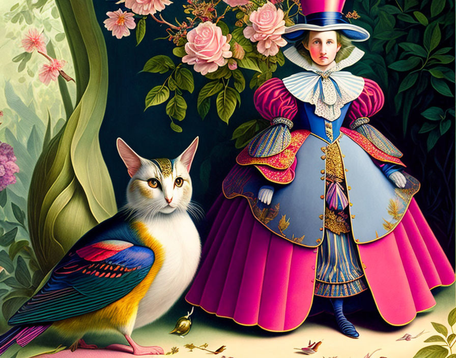 Colorful digital artwork: Woman in Victorian dress with oversized, multicolored bird and cat's face