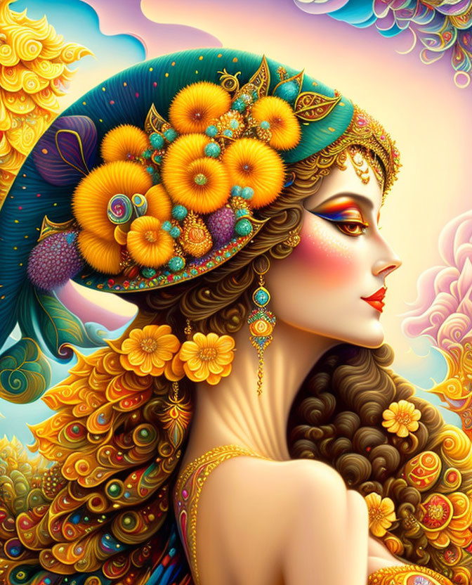 Vibrant woman illustration with floral hat and intricate designs