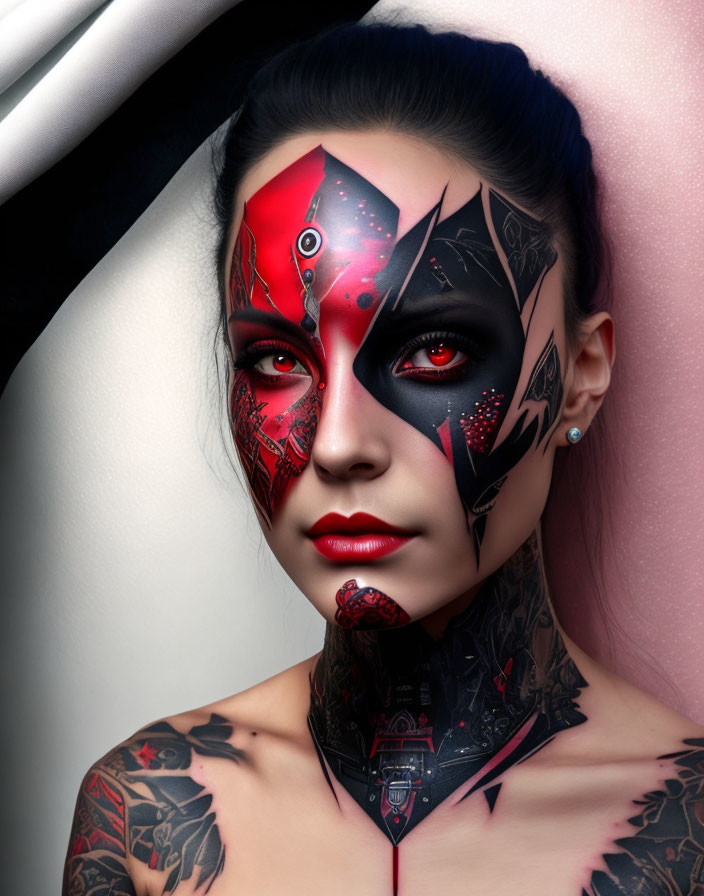 Dual-face effect woman with red and black stylized designs and tattoos
