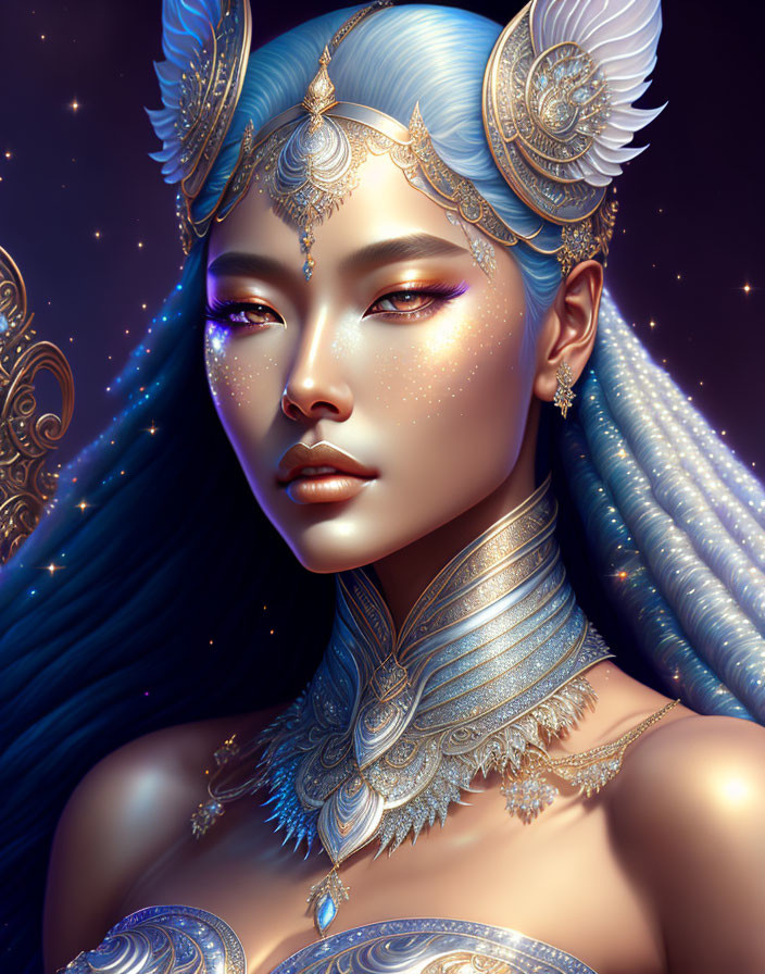 Digital portrait of woman with blue hair, ornate headpieces, intricate jewelry, and fantasy aesthetic against