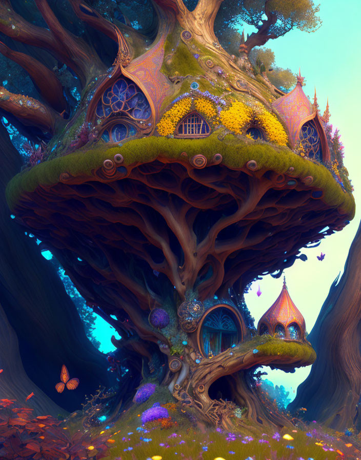 Colorful treehouse in giant tree, surrounded by enchanting forest and vibrant flowers.
