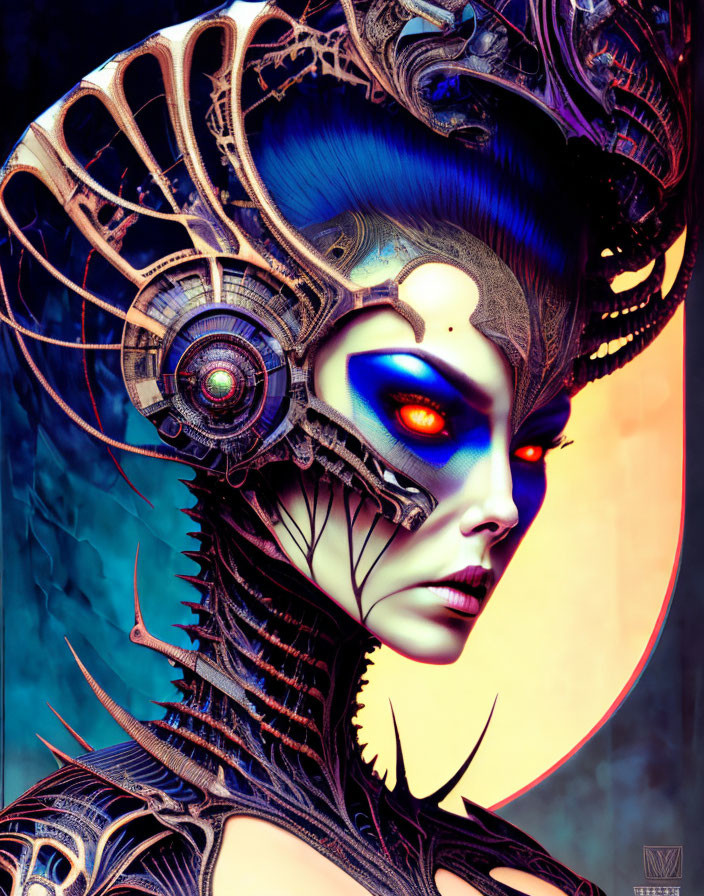 Futuristic female figure with blue skin and red glowing eyes in intricate mechanical headgear