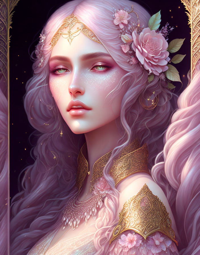 Fantastical woman with pink hair and golden floral jewelry.