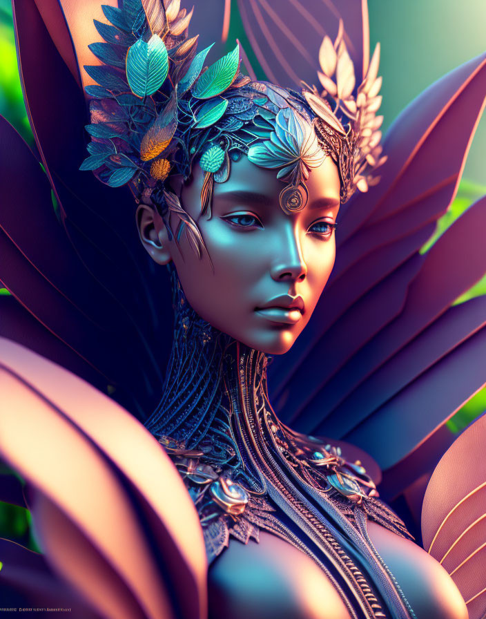Futuristic digital artwork of woman with metallic floral headgear and purple leaves