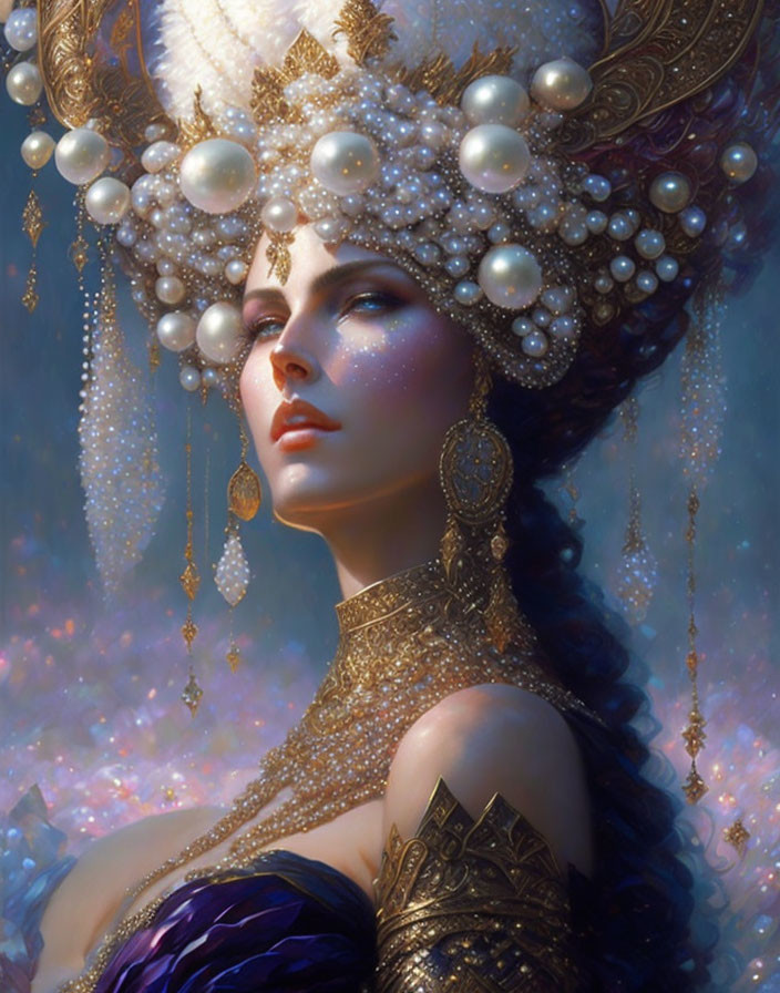 Elaborate Pearl Headdress on Regal Woman in Celestial Setting