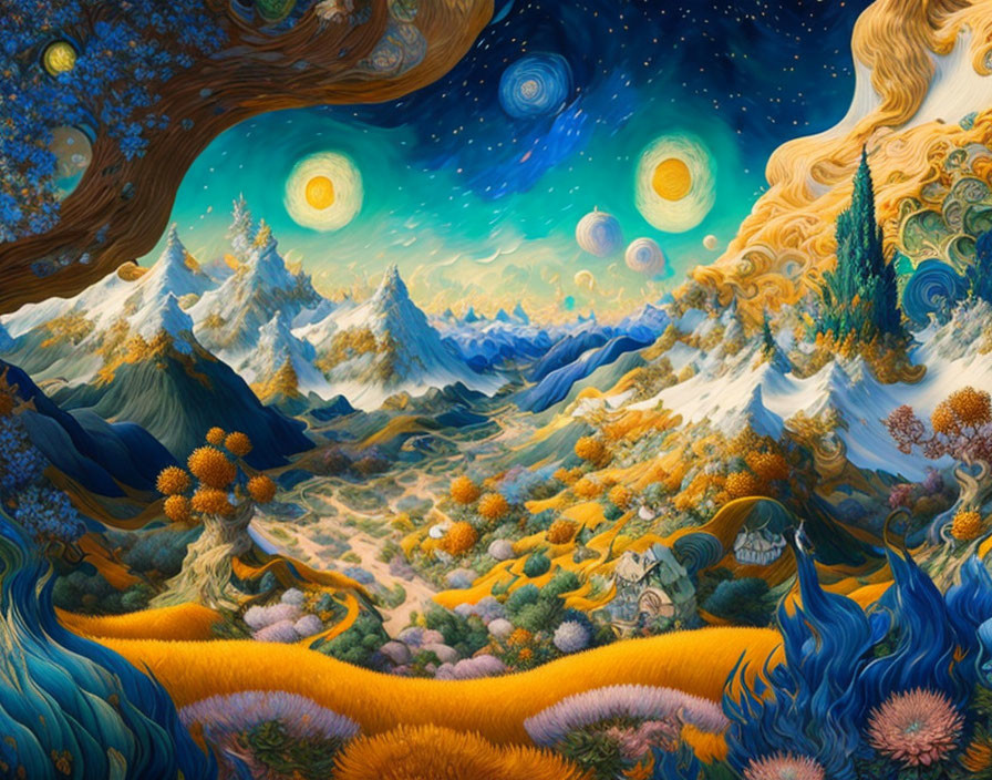 Colorful Mountain Landscape Under Starry Night Sky
