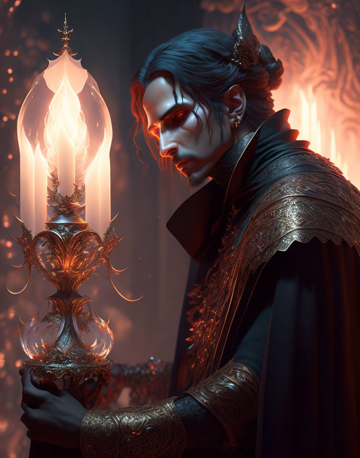 Fantasy-themed illustration of stern-faced man with pointed ears holding ornate lantern in bright light against dark