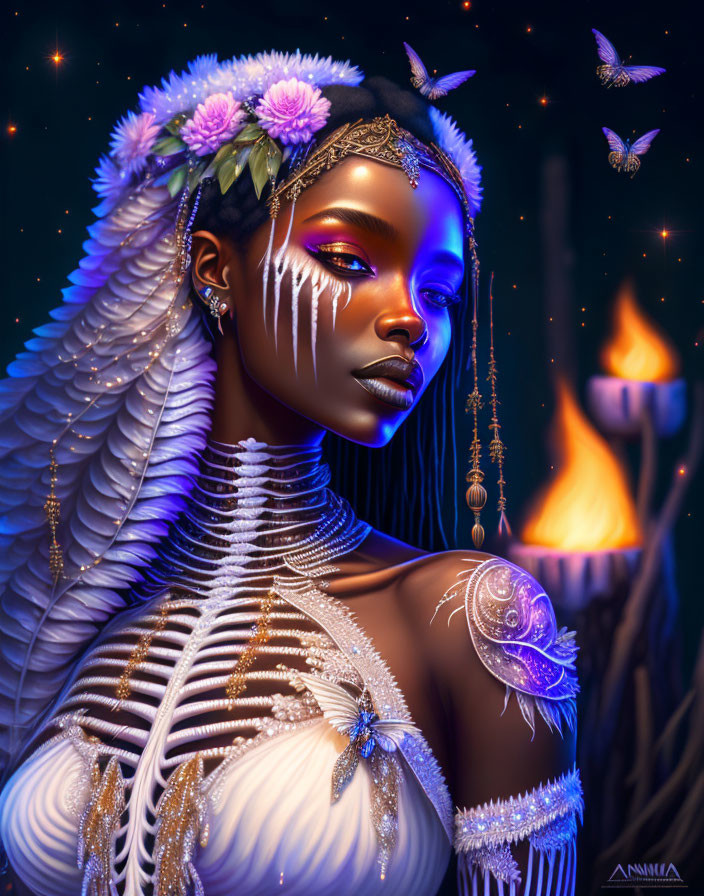 Dark-skinned woman with feather adornments and jewelry in starlit setting.