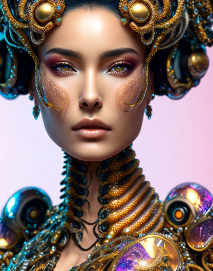 Digital art portrait of woman with gold headdress and metallic neckpiece