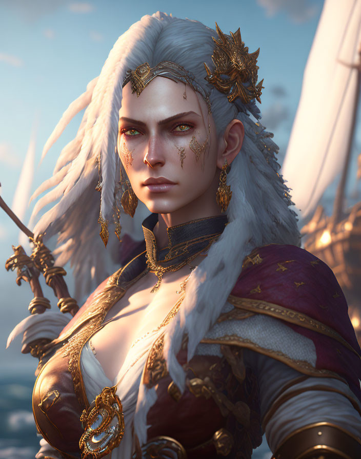Fantasy character with white hair and gold adornments in red and white costume against maritime backdrop