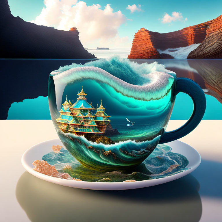 Surreal cup with wave and oriental buildings against rocky backdrop