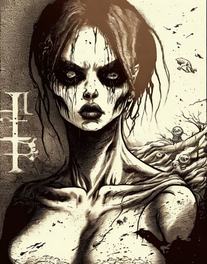 Gothic-style pale woman with black eye sockets and skeletal bird in dark setting.
