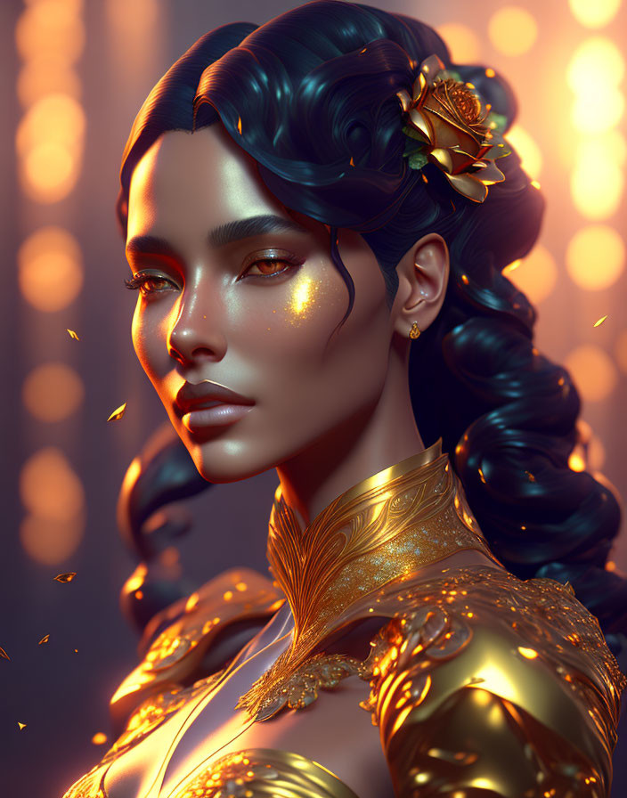 Digital Artwork: Woman with Golden Accents and Glowing Makeup