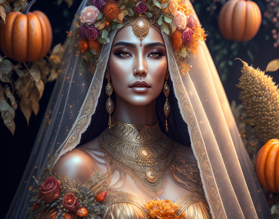 Autumn-themed bridal attire with golden headpiece and pumpkins