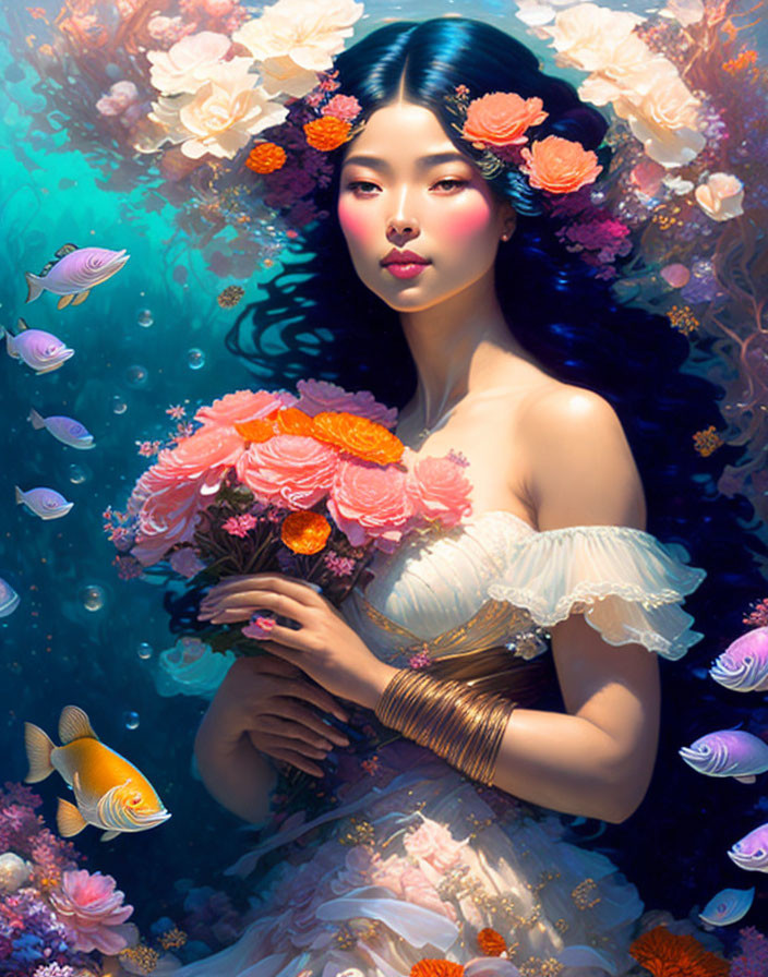 Woman with Flowers in Hair Surrounded by Fish and Bouquet Underwater