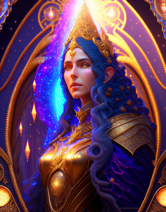 Blue-skinned fantasy character in golden armor and crown on cosmic backdrop