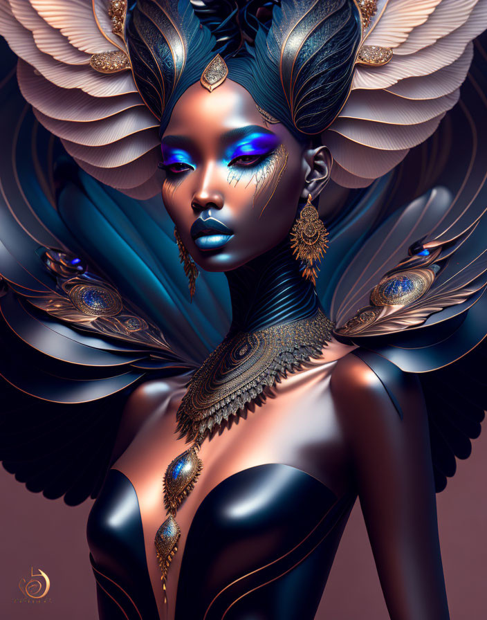 Fantasy digital artwork of woman with dark skin in blue and gold makeup and peacock feather headdress