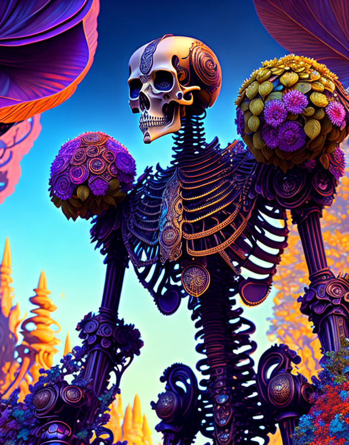 Colorful Digital Artwork: Skeleton with Golden Skull in Fantasy Setting
