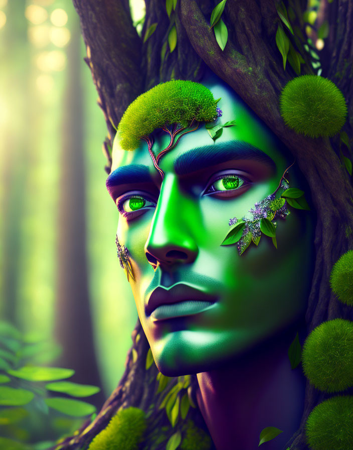 Surreal portrait of person with green skin blending into forest background