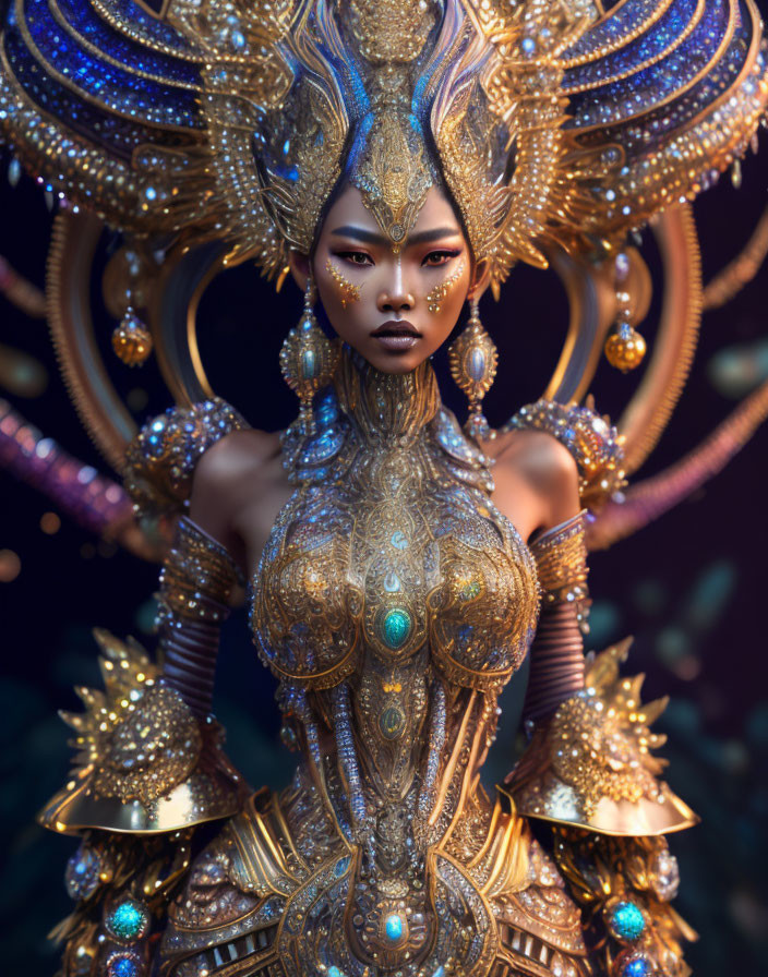 Regal female figure in golden armor with blue gem-studded headdress