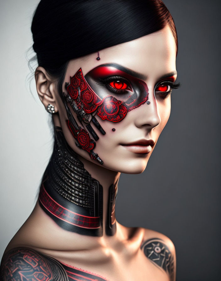 Female figure with red robotic eye and cybernetic enhancements on grey backdrop