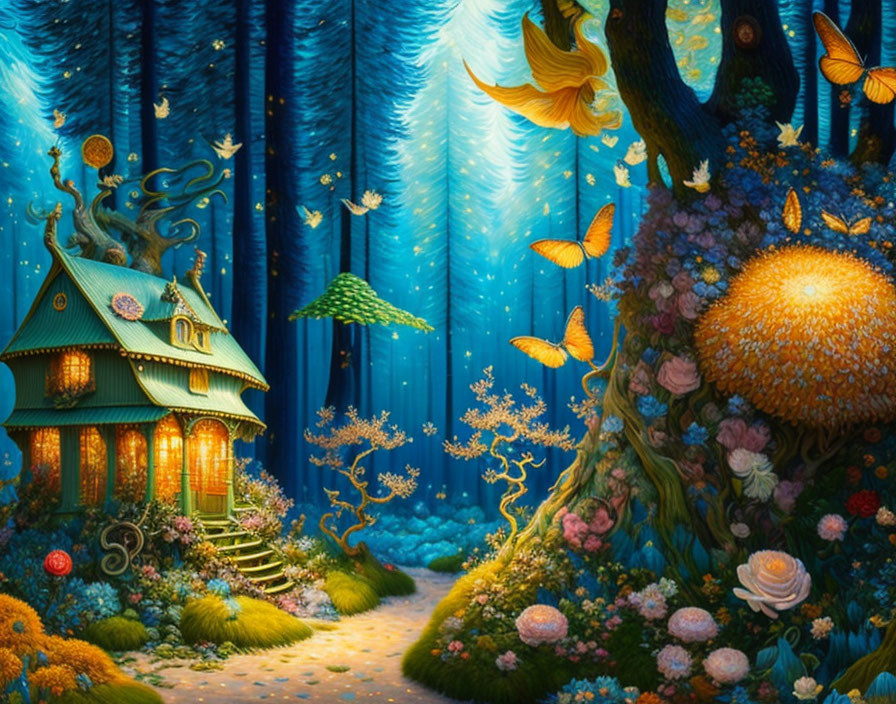 Enchanting forest scene with glowing house, oversized flowers, butterflies, and starlit sky