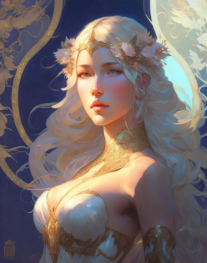 Fantasy illustration of a woman with white hair, floral crown, golden jewelry, and ethereal wings