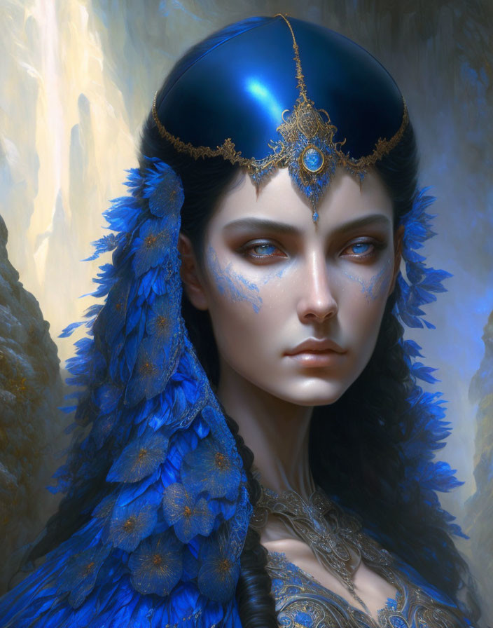 Regal figure with blue feathered collar and ornate headpiece