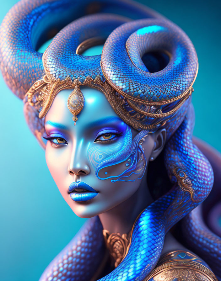 Digital Artwork: Blue-Skinned Woman with Serpentine Hair and Golden Headpieces
