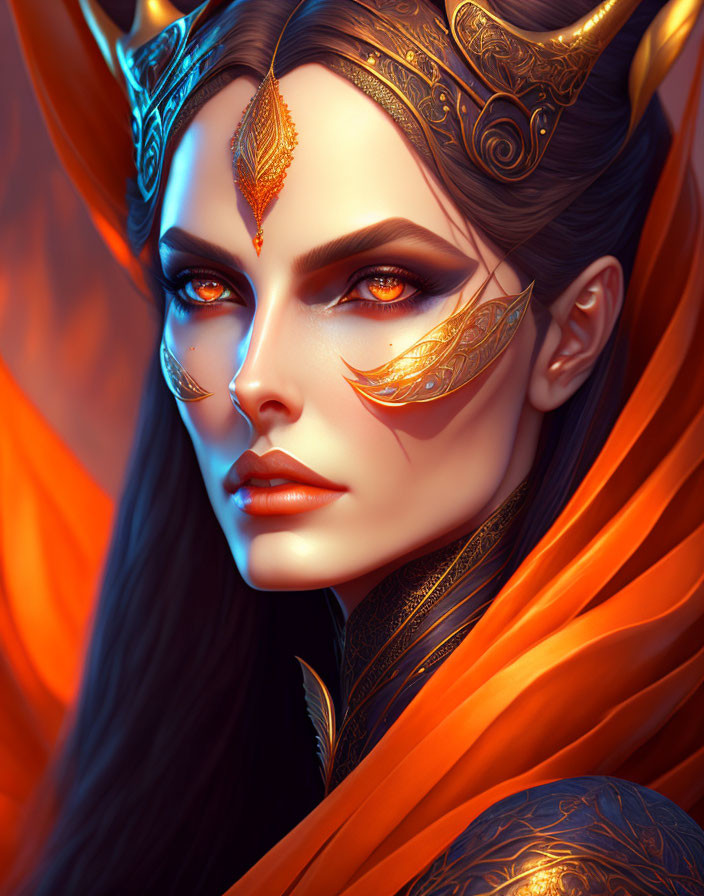 Digital artwork of woman with striking eyes, gold headpiece, and warm orange tones