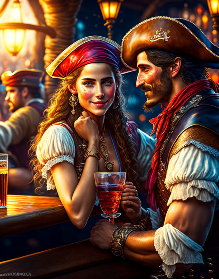 Pirate-themed couple flirting in dimly lit tavern