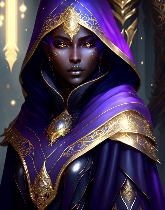 Illustration of mystical figure with dark skin, golden eyes, and ornate headpiece in purple cloak