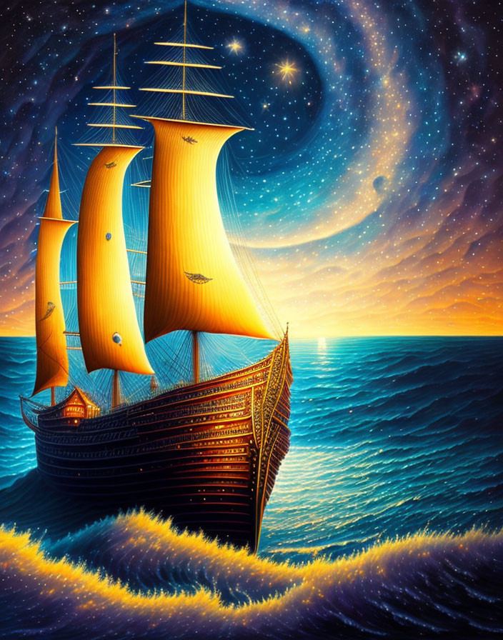 Golden-sailed ship gliding on ocean under starry night sky