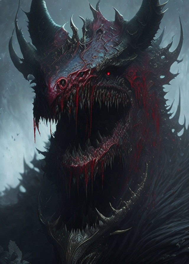 Dark fantasy creature with sharp horns and glowing red eyes in ominous setting