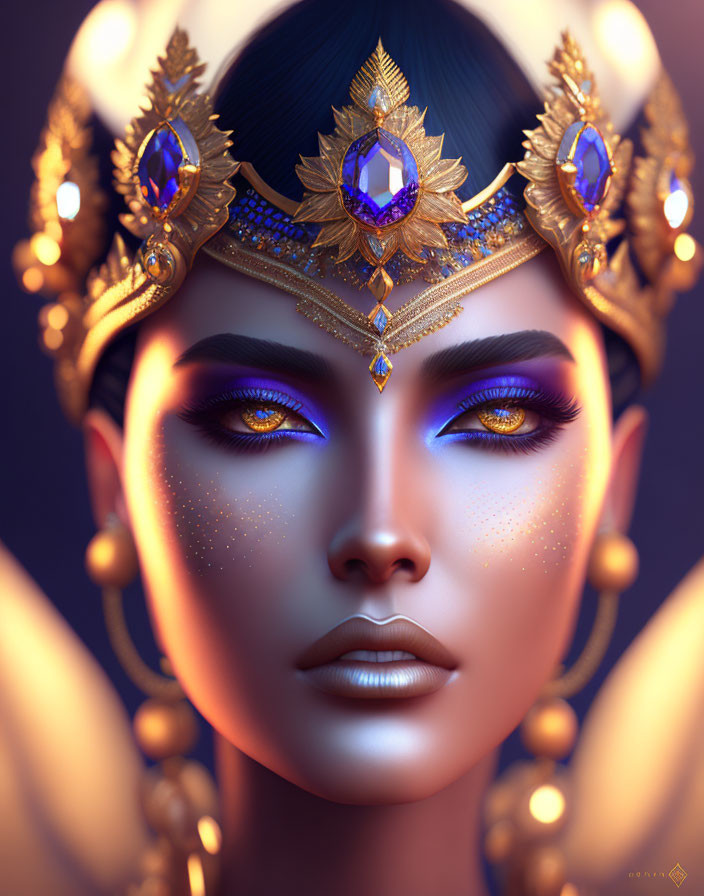 Digital portrait: Woman with golden crown, purple gemstones, blue eyeshadow, gold freck