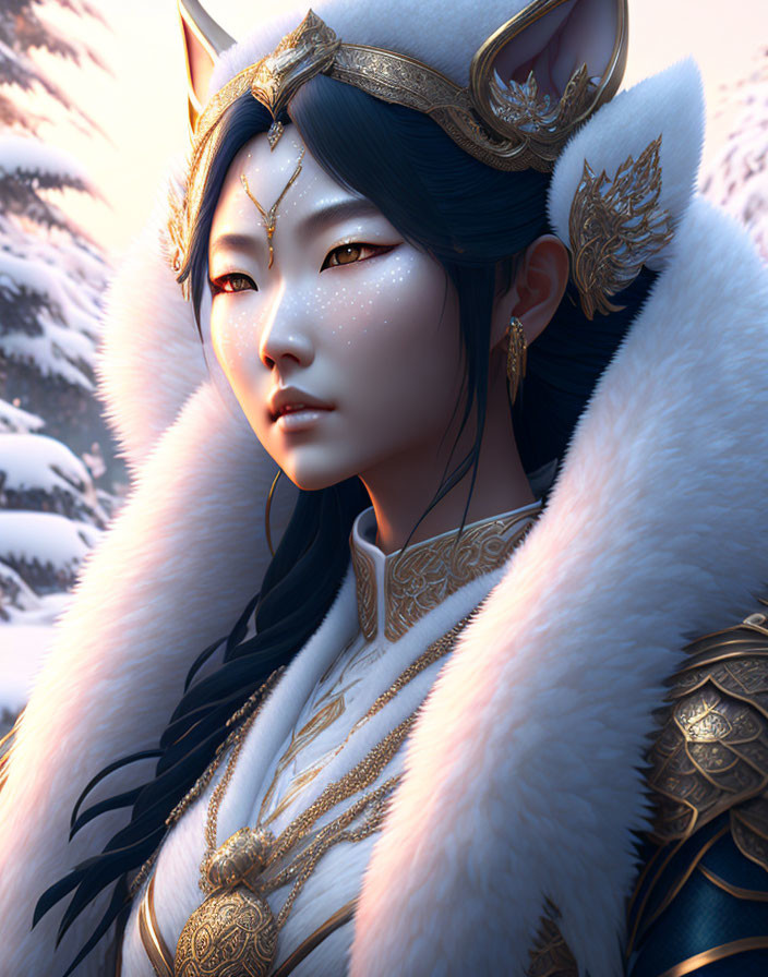 Digital artwork featuring ethereal woman with fox ears in golden jewelry and fur cloak in snowy landscape