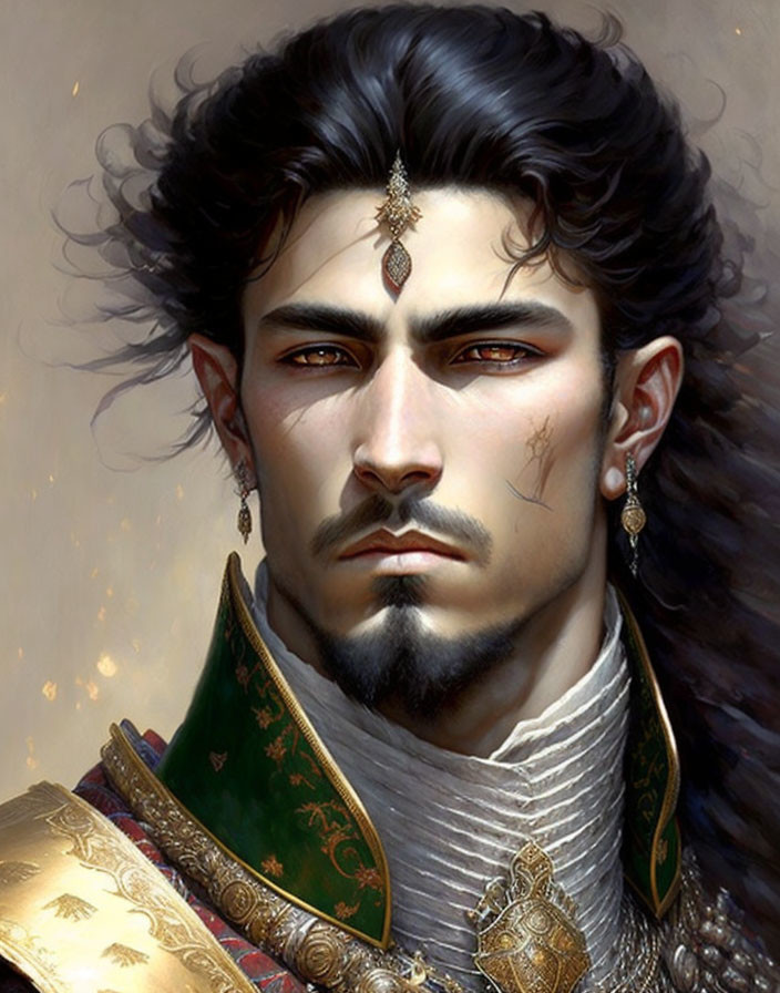 Portrait of a regal man with long black hair, beard, and piercing eyes in green and gold