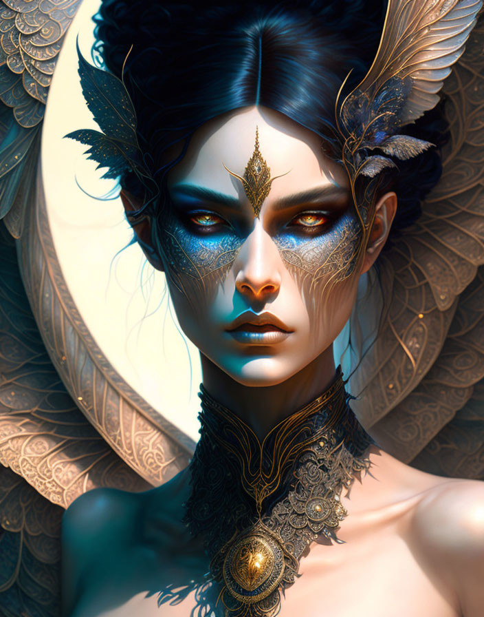 Blue-skinned woman with golden headpiece in fantasy portrait